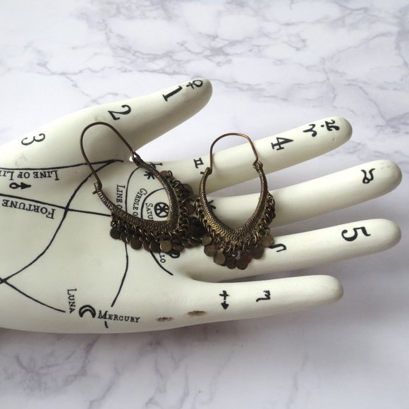 Brass Bohemian Drop Sparkly Oval Pointed Chandelier Hoop Sleeper Earrings - Picture 2 of 5